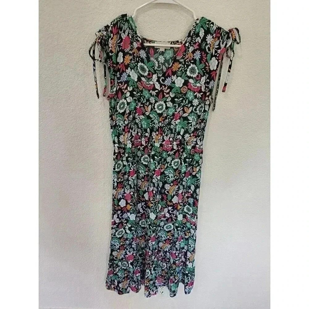 Loft Outlet Floral V-Neck Tie Shoulder Elastic Waist Dress Black Multi Size M